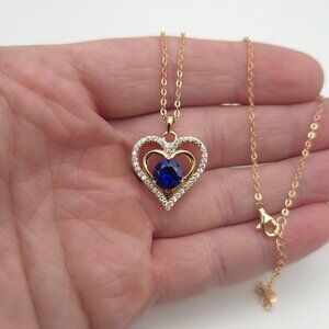 18+2 Inch Rose Gold Over Sterling Blue Spinel And CZ Heart Necklace A1227